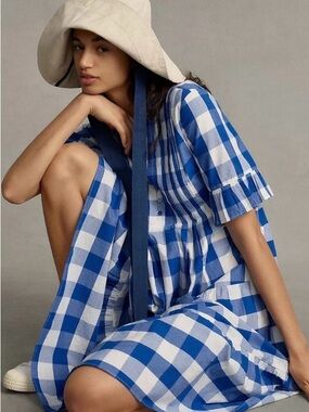 Whit Two Anthropologie Blue White Gingham Tiered Midi Dress Cottagecore Boho XS
